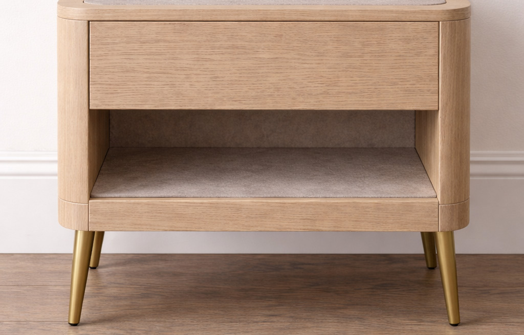 Detail of the bedside table — oak frame, soft stone surface and brushed brass legs